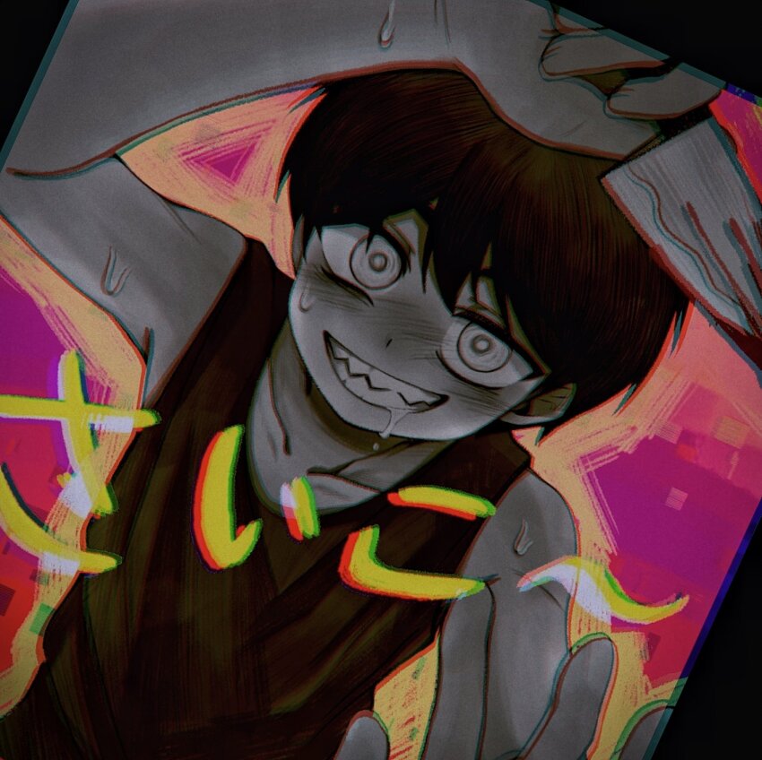 1boy bare_arms bare_shoulders black_hair black_tank_top blood bloody_knife blush chromatic_aberration collarbone colored_skin commentary drooling english_commentary grin hair_behind_ear hair_between_eyes hatching_(texture) highres holding holding_knife knife linglanjunying male_focus nose_blush omori omori_(omori) outline pink_background saliva sharp_teeth short_hair simple_background smile solo sweat tank_top teeth translation_request upper_body white_eyes white_skin yellow_outline