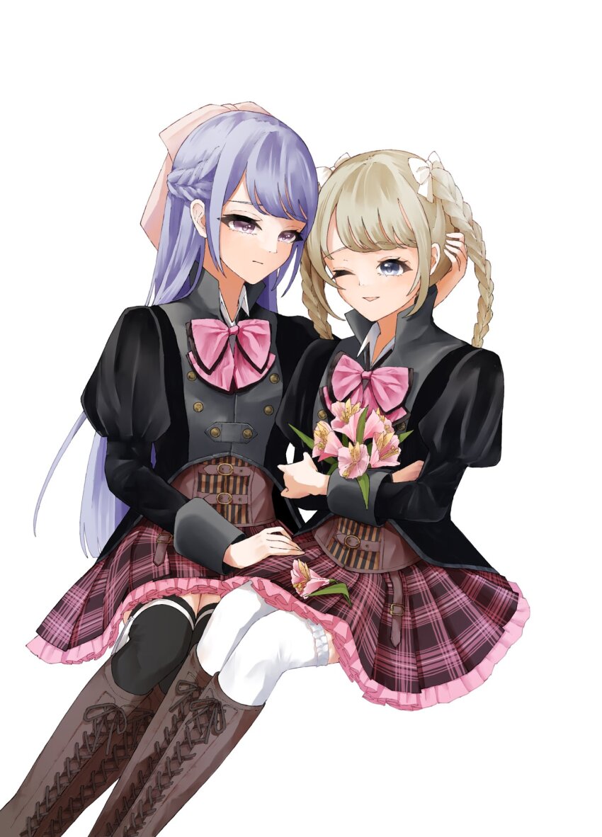 2girls amahara_nue assault_lily belt belt_buckle black_jacket black_thighhighs blue_eyes boots bouquet bow bowtie braid brown_belt brown_footwear brown_hair buckle buttons closed_mouth commentary corset feet_out_of_frame flower french_braid frilled_skirt frilled_thighhighs frills fukuyama_jeanne_sachie hair_bow hand_on_another&#039;s_head hand_on_another&#039;s_thigh hand_up heads_together highres holding holding_bouquet invisible_chair jacket juliet_sleeves kishimoto_lucia_raimu knee_boots lace-up_boots leg_ribbon legs_together long_hair long_sleeves looking_ahead looking_at_another ludvico_private_girls&#039;_academy_school_uniform miniskirt multiple_belts multiple_girls one_eye_closed parted_lips pink_bow pink_bowtie pink_flower pink_skirt plaid_clothes plaid_skirt puffy_sleeves purple_eyes purple_hair ribbon school_uniform side-by-side simple_background sitting skirt smile thigh_ribbon thighhighs twin_braids twintails very_long_hair white_background white_bow white_ribbon white_thighhighs yuri