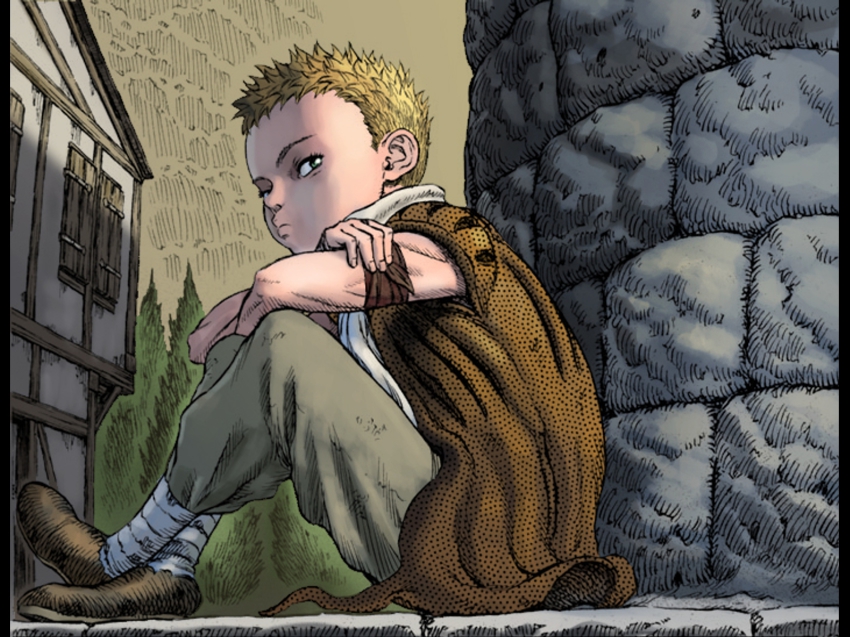 1990s_(style) 1boy berserk blonde_hair cape child highres house isidro_(berserk) looking_at_viewer male_focus on_floor on_ground outdoors pants short_hair sitting sleeveless solo tree
