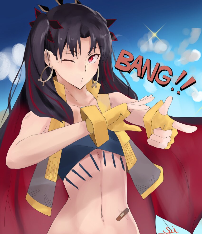 1girl absurdres bandeau bare_shoulders black_hair blue_bandeau blue_sky blush breasts cropped_vest earrings fate/grand_order fate_(series) finger_gun fingerless_gloves gloves hair_ribbon highres hoop_earrings ishtar_(fate) jewelry long_hair looking_at_viewer multicolored_hair navel one_eye_closed parted_bangs puckered_lips red_eyes red_hair ribbon s4ika sky small_breasts solo space_ishtar_(fate) space_ishtar_(second_ascension)_(fate) tiara two-tone_hair two_side_up vest yellow_gloves yellow_vest