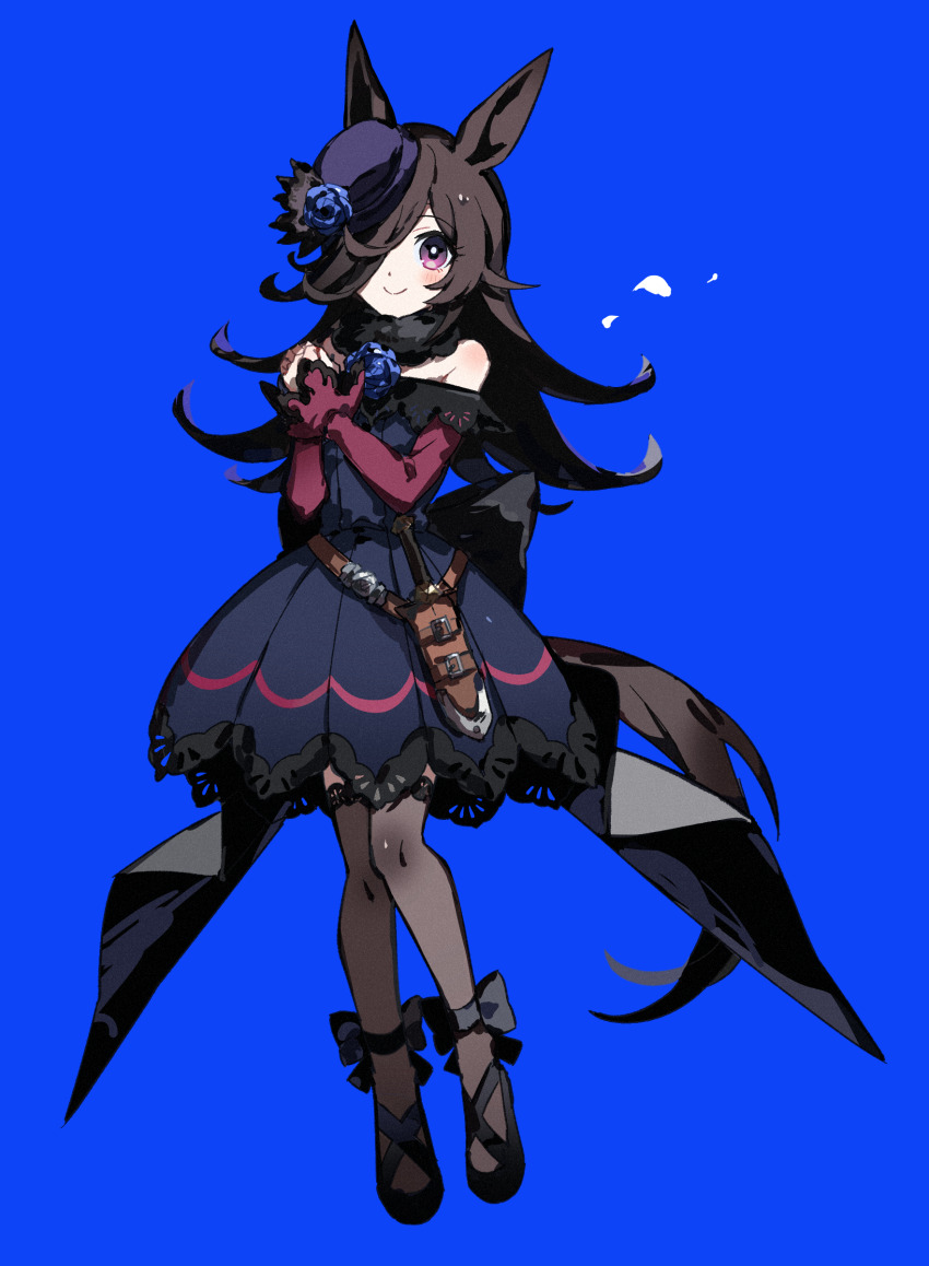 1girl absurdres animal_ears blue_background blush closed_mouth commentary_request dagger full_body hair_ornament hair_over_one_eye hat highres horse_ears horse_girl horse_tail knife long_hair melvi0 own_hands_together pantyhose purple_eyes rice_shower_(umamusume) shoes smile solo standing tail umamusume weapon