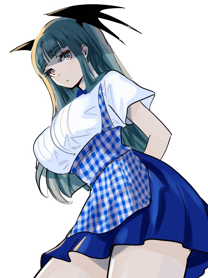 1girl apron bat_wings blue_apron blue_bow blue_bowtie blue_skirt bow bowtie breasts capcom checkered_apron checkered_clothes darkstalkers employee_uniform gingham gingham_apron gingham_skirt green_eyes head_wings high-waist_skirt highres kobeya_uniform large_breasts long_hair looking_at_viewer meke_(77842928) morrigan_aensland plaid_apron plaid_clothes pleated_shirt shirt short_sleeves skirt smile solo waitress white_shirt wings