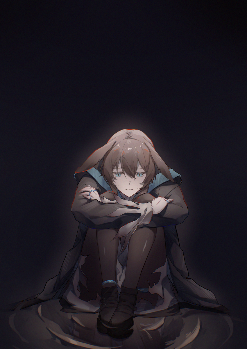 1girl absurdres amiya_(arknights) animal_ears anklet arknights black_background black_jacket black_pantyhose black_shoes blue_eyes brown_hair closed_mouth crossed_arms dark ears_down full_body haaahoi hair_between_eyes highres jacket jewelry looking_down multiple_rings pantyhose ring sad shoes sitting solo unhappy worried
