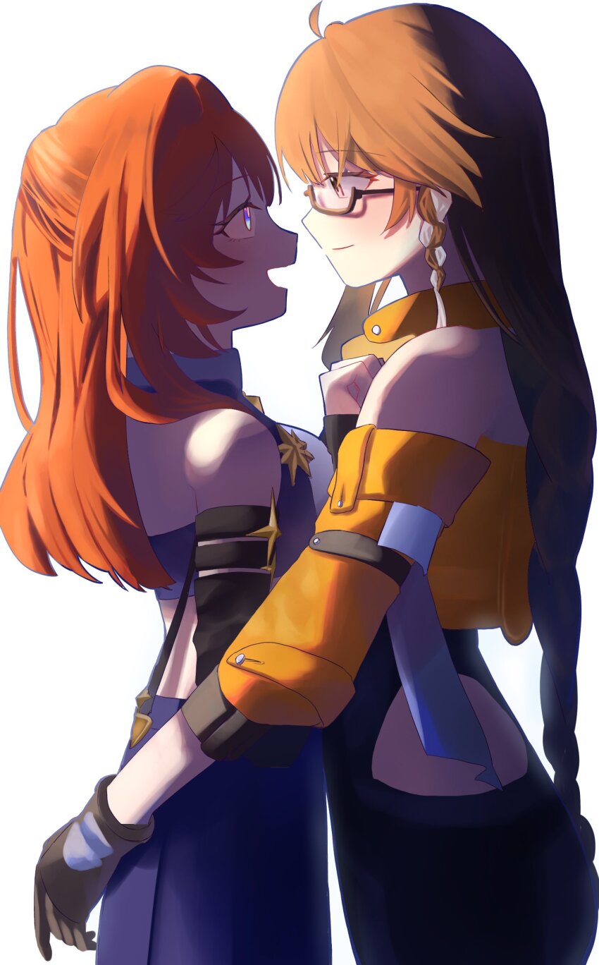 2girls absurdres ahoge bare_shoulders blue_skirt breasts brown_eyes brown_gloves brown_hair closed_mouth duoyun_de_tiankong entropy_(honkai_impact) entropy_(honkai_impact_3rd) female_dreamseeker_(honkai_impact) glasses gloves highres honkai_(series) honkai_impact_3rd jacket long_hair medium_breasts multiple_girls open_mouth orange_jacket purple_eyes semi-rimless_eyewear senadina senadina_(deepspace_anchor:_first_light) simple_background skirt smile white_background yuri