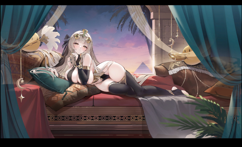 1girl ancient_egyptian ancient_egyptian_architecture ancient_egyptian_clothes armlet azur_lane bare_shoulders bartolomeo_colleoni_(azur_lane) bartolomeo_colleoni_(the_empress&#039;_romantic_ambush)_(azur_lane) bed black_gloves black_thighhighs bracelet breasts bridal_gauntlets brown_eyes brown_hair cleavage curtains elbow_gloves finger_to_mouth gloves hair_ornament hand_fan headband highres holding holding_fan jewelry large_breasts long_hair looking_at_viewer lying manjuu_(azur_lane) navel non-web_source official_alternate_costume official_art on_bed on_side pillow shushing solo thighhighs thighs uraeus very_long_hair