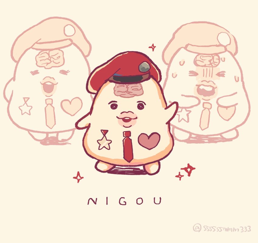 1boy badge brain brown_background character_name hat heart highres multiple_views necktie nervous_sweating nigou_(hundred_line) no_humans red_hat red_necktie simple_background smile sparkle ssssssmmm333 star_(symbol) sweat sweatdrop the_hundred_line_-last_defense_academy- twitter_username