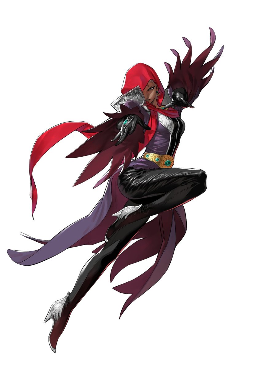 1girl azuma_kyoutarou_(artist) belt dark-skinned_female dark_skin dress earrings eyeliner female_focus gloves high_collar highres hijab jewelry jumping leather leather_pants makeup najd official_art pants purple_dress red_hijab scarf snk solo the_king_of_fighters the_king_of_fighters_xiv