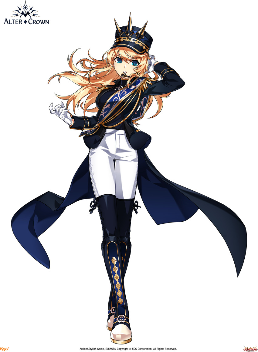 1girl absurdres artist_request black_neckwear black_thighhighs blonde_hair blue_eyes boots choker closed_mouth coat elsword full_body gun highres holding holding_gun holding_weapon idol long_hair looking_at_viewer official_art rose_(elsword) solo thighhighs weapon
