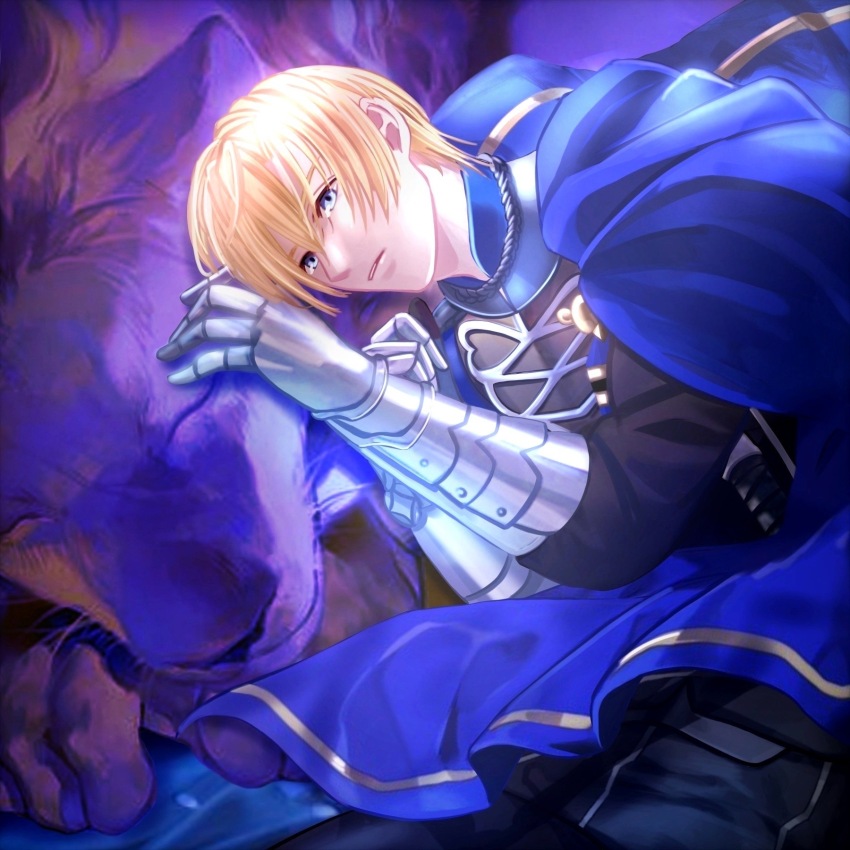 1boy animal armor armored_gloves black_pants black_shirt blonde_hair blue_cape blue_eyes cape capri_(blaue0514) closed_eyes commentary_request curled_up dimitri_alexandre_blaiddyd feet_out_of_frame fire_emblem fire_emblem:_three_houses garreg_mach_monastery_uniform hair_behind_ear hair_between_eyes hand_on_another&#039;s_face highres lion long_sleeves looking_ahead male_focus nintendo pants parted_lips school_uniform shirt side_cape solo