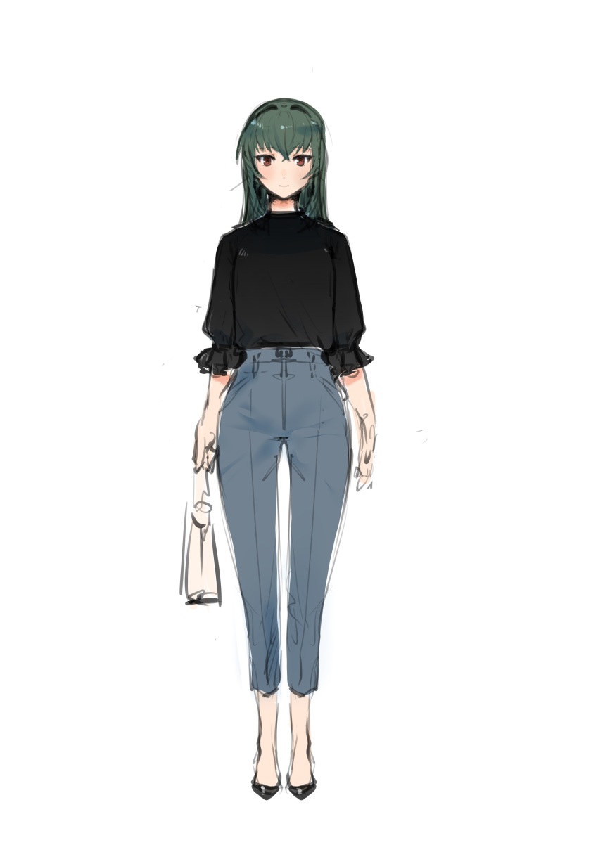 1girl absurdres bag black_footwear black_shirt blue_pants blush casual closed_mouth denim frilled_sleeves frills full_body green_hair hair_between_eyes handbag high_heels highres holding holding_bag juujou_kagari looking_at_viewer medium_hair pants red_eyes shirt simple_background sketch solo standing toji_no_miko white_background yamamoto_kichiko