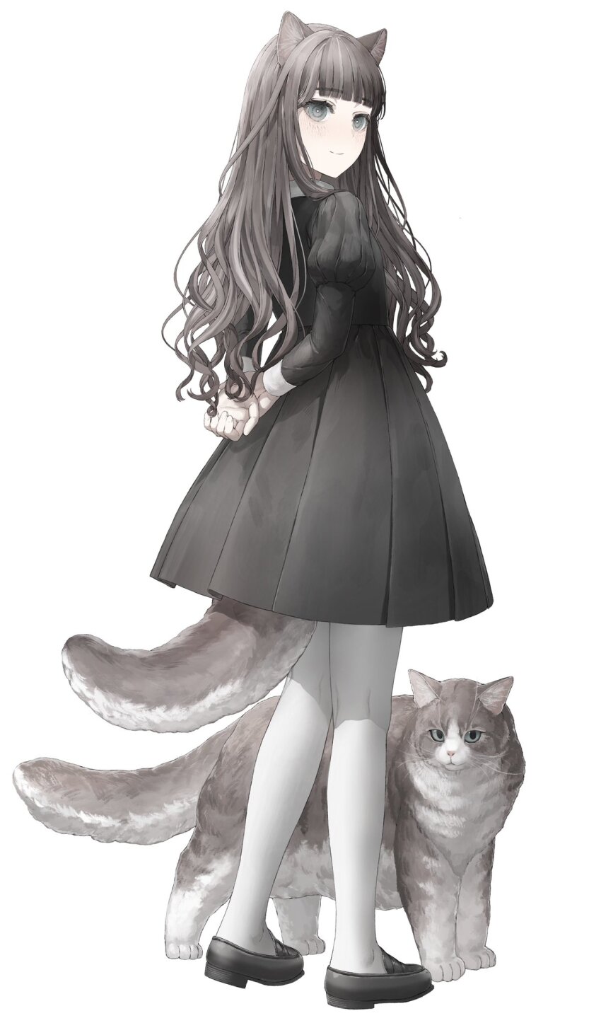1girl animal_ears arms_behind_back black_dress black_shoes blunt_bangs cat cat_ears cat_girl cat_tail closed_mouth commentary contrast_collar dress from_behind full_body grey_eyes grey_hair highres holding_own_wrist juliet_sleeves loafers long_hair long_sleeves looking_at_viewer looking_back original pantyhose puffy_sleeves ryu_(denkiryu) shoes simple_background smile solo standing symbol-only_commentary tail wavy_hair white_background white_pantyhose