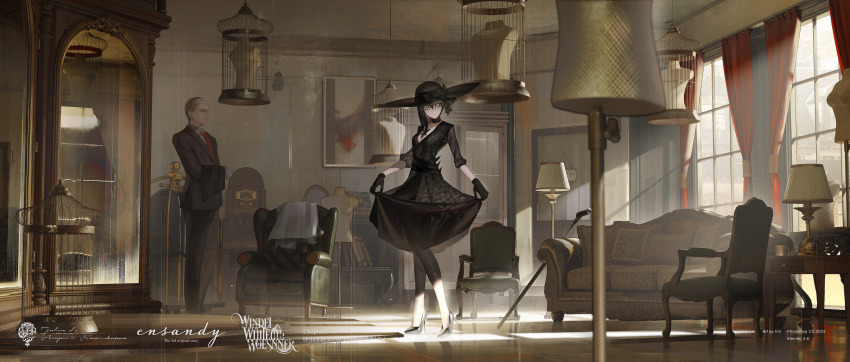 1boy 1girl absurdres birdcage black_choker black_dress black_footwear black_gloves black_hair black_headwear bookshelf cage cane chair choker closed_eyes commentary couch curtains dress dummy formal_clothes gloves high_heels highres holding indoors lampshade mirror necktie original pantyhose red_necktie reflection shelf skirt skirt_hold standing suit tmt window