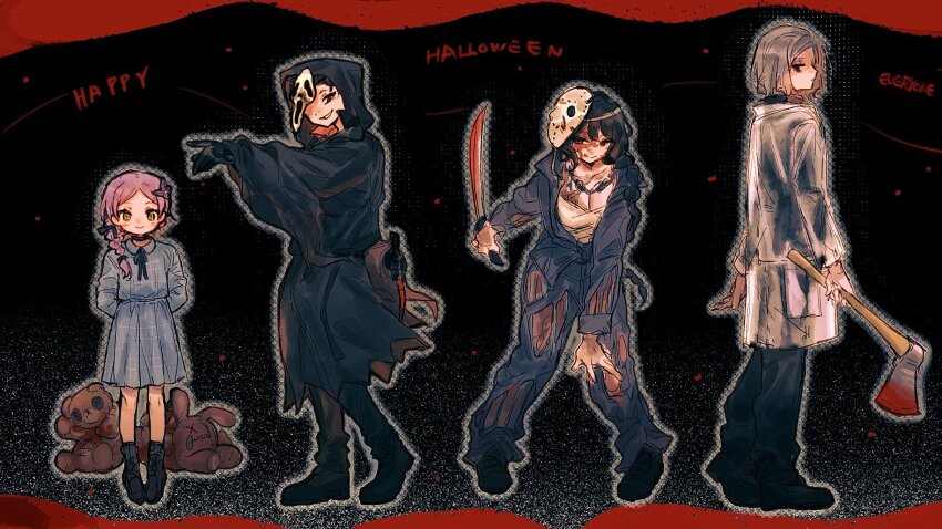 2boys 2girls american_psycho arms_behind_back artist_request axe black_background black_choker black_cloak black_gloves black_ribbon blood bloody_weapon blue_dress braid choker cloak closed_mouth coat collared_dress commentary cosplay dress elsa_granhilte esther_(orphan) esther_(orphan)_(cosplay) evil_grin evil_smile friday_the_13th full_body ghostface ghostface_(cosplay) gloves green_eyes grin hair_over_shoulder hair_ribbon halloween halloween_costume happy_halloween highres hockey_mask holding holding_axe holding_behind_back holding_knife hood hood_up jason_voorhees jason_voorhees_(cosplay) knife long_hair long_sleeves looking_at_viewer machete mask mask_on_head meili_portroute multiple_boys multiple_girls natsuki_subaru neck_ribbon orphan_(film) otto_suewen outer_glow patrick_bateman patrick_bateman_(cosplay) purple_eyes purple_hair raincoat re:zero_kara_ayamatsu_isekai_seikatsu re:zero_kara_hajimeru_isekai_seikatsu ribbon scream_(movie) see-through_clothes see-through_coat see-through_raincoat short_hair simple_background single_braid smile standing stuffed_animal stuffed_rabbit stuffed_toy teddy_bear weapon white_mask wing_collar