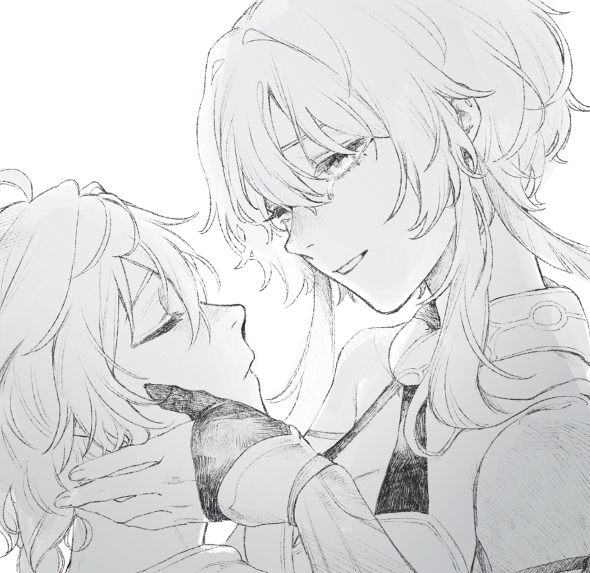 1boy 1girl aether_(genshin_impact) ahoge braid closed_eyes crying crying_with_eyes_open genshin_impact greyscale hair_between_eyes hair_ornament highres kaimochi0839 lumine_(genshin_impact) monochrome open_mouth smile tagme tears