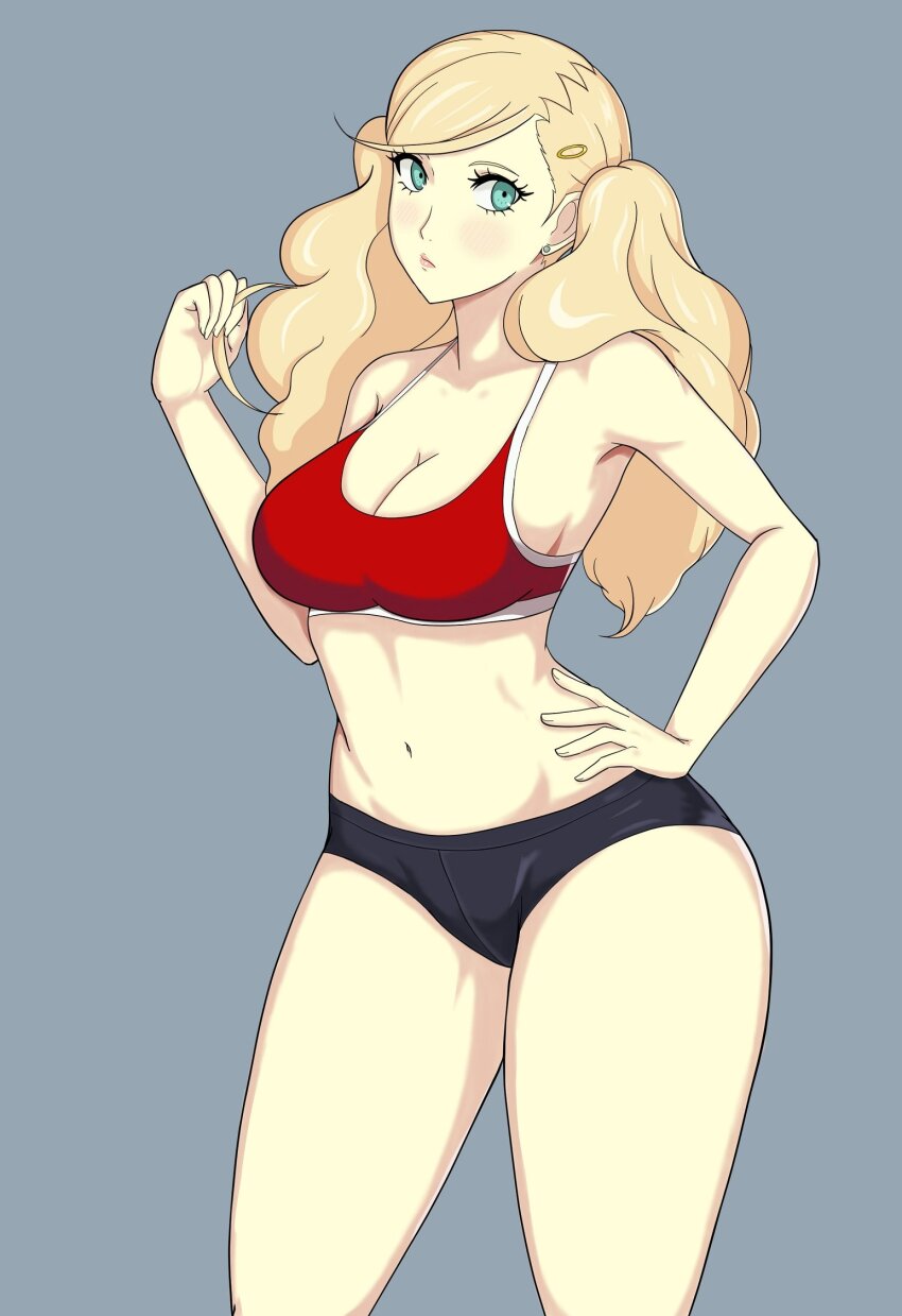 1girl black_shorts blonde_hair blue_eyes breasts cleavage closed_mouth cowboy_shot curvy earrings grey_background hair_ornament hairclip hand_on_own_hip highres jewelry large_breasts lips long_hair micro_shorts nahone_peko navel persona persona_5 red_sports_bra shorts simple_background solo sports_bra sportswear stomach stud_earrings takamaki_anne thighs twintails wide_hips