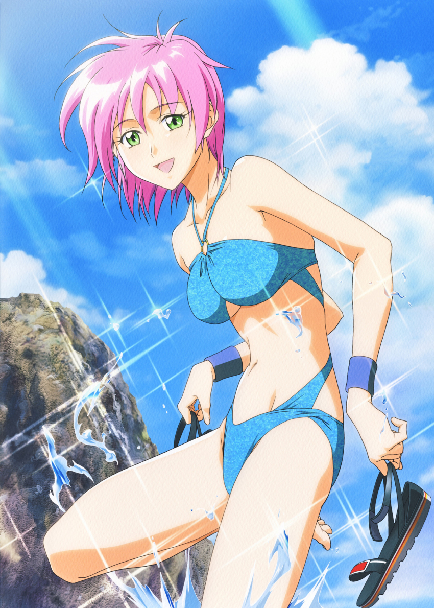 1990s_(style) 1girl barefoot blue_one-piece_swimsuit casual_one-piece_swimsuit day green_eyes halterneck highres holding holding_sandals holding_unworn_clothes kokura_masashi light_rays navel non-web_source o-ring o-ring_swimsuit one-piece_swimsuit open_mouth outdoors pink_hair retro_artstyle sandals scan short_hair solo sparkle splashing standing standing_on_one_leg swimsuit tokimeki_memorial tokimeki_memorial_2 water wristband yae_kaori