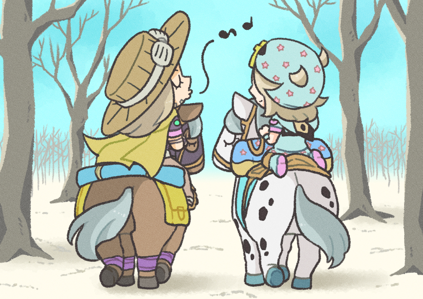2boys absurdres beanie blonde_hair blue_hoodie blue_sky brown_hat cape cheese_song_(meme) chibi chibi_only commentary commentary_request cowboy_hat from_behind full_body goggles goggles_on_headwear grey_hair gyro_zeppeli hat heart_ornament highres hood hood_down hoodie horseback_riding johnny_joestar jojo_no_kimyou_na_bouken m_a_a_m_8 mask meme multiple_boys musical_note riding sky slow_dancer_(jojo) star_(symbol) star_print steel_ball_run tree valkyrie valkyrie_(jojo) yellow_cape