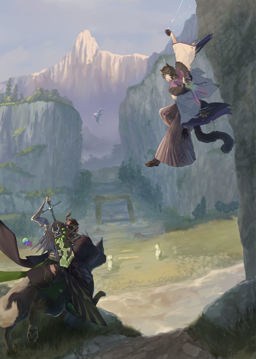 2boys absurdres animal_ears aragami_oga black_gloves black_hair black_jacket boots brown_footwear cat creature facing_away from_behind full_body fur-trimmed_jacket fur_trim glasses gloves greatsword grey_hakama hakama hakama_pants half_gloves haori highres holostars horns jackal_boy jackal_ears jackal_tail jacket japanese_clothes kageyama_shien koyama_(kageyama_shien) low_ponytail mafia_(holostars) male_focus monster_hunter_(series) monster_hunter_rise mountain multicolored_hair multiple_boys nakayama_(kageyama_shien) nekoyama_shien official_alternate_costume omaesan_(aragami_oga) pants ponytail rainbow_sword riding scenery sheath sheathed short_hair short_ponytail single_horn sleepymondays stone_torii string sword tassel torii tree two-tone_hair virtual_youtuber weapon weapon_on_back white_hair white_jacket wide_sleeves