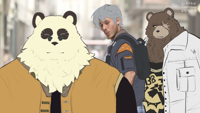 3boys animal_ears artist_name bara bear_boy bear_ears ben_bigger black_fur black_shirt black_tank_top brown_fur commentary dated distracted_boyfriend_(meme) english_commentary fat fat_man furry furry_male grey_jacket highres jacket looking_at_another looking_at_viewer male_focus meme multicolored_fur multiple_boys pan_yin_hu panda_boy panda_ears scar scar_across_eye scar_on_face shirt tank_top white_fur white_jacket wise_(zenless_zone_zero) yellow_jacket yuebanjiuri zenless_zone_zero