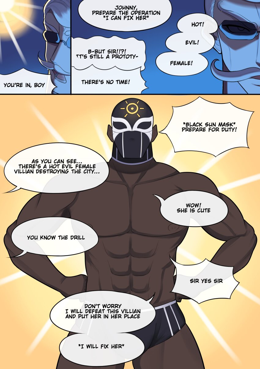 2boys abs absurdres band-width black_mask bulge cowboy_shot dark-skinned_male dark_skin english_text facial_hair glasses grey_hair highres i_can_fix_him_(meme) luchador_mask male_underwear meme multiple_boys muscular muscular_male mustache nipples original speech_bubble sun_symbol underwear