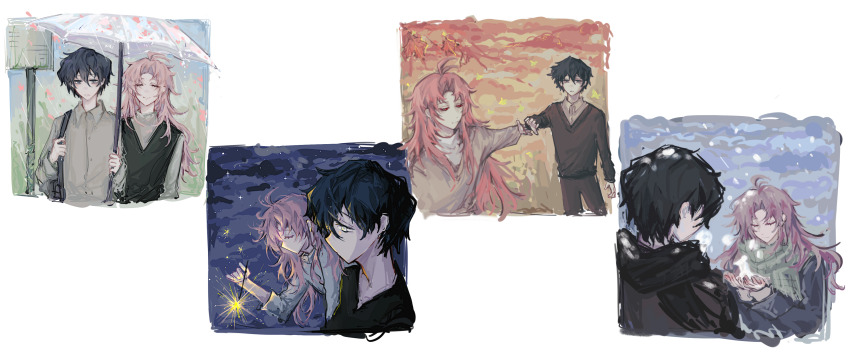 2boys absurdres antenna_hair black_hair black_jacket black_scarf black_shirt black_sweater black_vest blue_sky chinese_commentary collared_shirt commentary_request curtained_hair green_scarf grey_shirt grey_sweater hair_between_eyes hatsutori_hajime highres holding holding_fireworks holding_hands holding_umbrella jacket long_hair male_focus multiple_boys night outdoors pink_hair rain saibou_shinkyoku scarf seasons shirt short_hair sky snowing sweater umbrella utsugi_noriyuki vest white_eyes white_shirt xiaobuou314