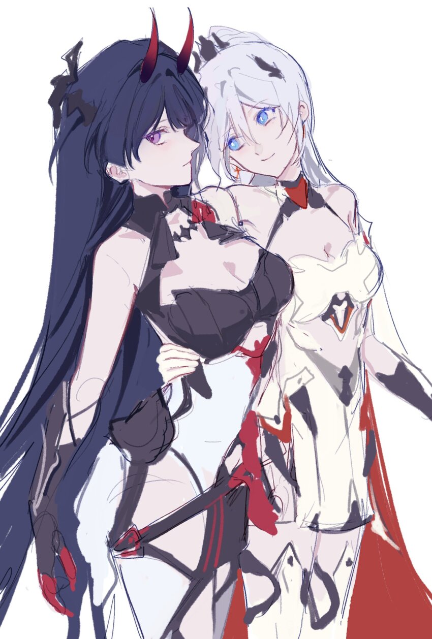 2girls arm_around_waist bare_shoulders blue_eyes breasts cleavage commentary dress hashtag-only_commentary highres honkai_(series) honkai_impact_3rd horns kiana_kaslana kiana_kaslana_(herrscher_of_flamescion) long_hair multiple_girls oldsprout1108 purple_eyes purple_hair raiden_mei raiden_mei_(herrscher_of_thunder) red_horns simple_background very_long_hair white_background white_dress white_hair