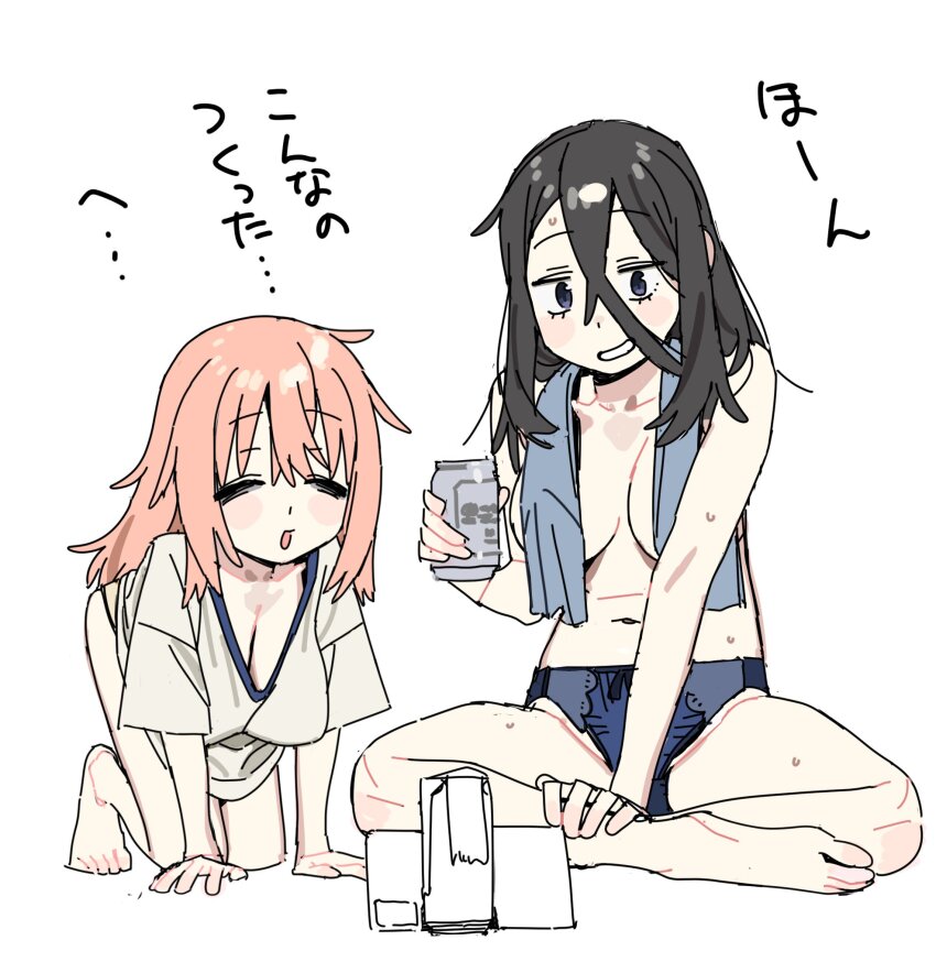 2girls all_fours black_eyes black_hair blue_panties blush breasts can cellphone cleavage closed_eyes collarbone full_body grey_background grin hair_between_eyes highres hiratsuka_satomi holding holding_can imamura_ryou indian_style large_breasts long_hair looking_at_phone michinoku_komaro multiple_girls no_pants open_mouth panties phone pink_hair seitokai_ni_mo_ana_wa_aru! shirt simple_background sitting smartphone smile topless_female towel towel_around_neck translation_request underwear wet white_shirt