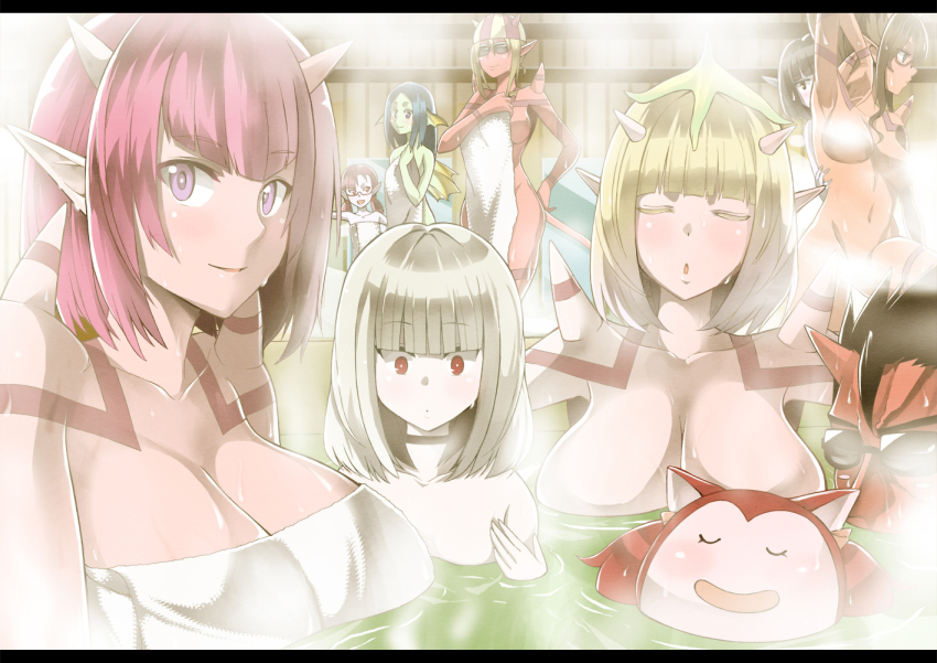 1boy 6+girls bathhouse black_hair blonde_hair blue_hair blush breasts brown_hair censored cleavage colored_skin convenient_censoring dragon_quest dragon_quest_x elf_(dq10) closed_eyes green_skin grey_hair horns korotsuke large_breasts letterboxed long_hair multiple_girls nude ogre_(dq10) partially_submerged pink_skin pointy_ears puklipo purple_eyes red_eyes red_hair red_skin short_hair smile spikes steam steam_censor sunglasses tail tattoo water weddie_(dq10)