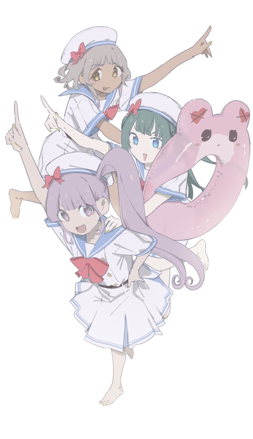 3girls :d barefoot blue_eyes blue_sailor_collar blunt_bangs bow brown_hair commentary dark-skinned_female dark_skin dress full_body green_hair hand_on_another&#039;s_shoulder hand_on_own_hip hat highres holding holding_swim_ring index_finger_raised innertube kemura_(puripurinea) long_hair looking_at_viewer manaka_non multiple_girls open_mouth outstretched_arm pink_bow pointing pointing_up pretty_series pripara purple_eyes purple_hair sailor_collar sailor_dress sailor_hat short_hair short_sleeves side_ponytail simple_background smile standing swim_ring symbol-only_commentary taiyo_pepper tongue tongue_out tsukikawa_chili two_side_up usacha white_background white_dress white_headwear