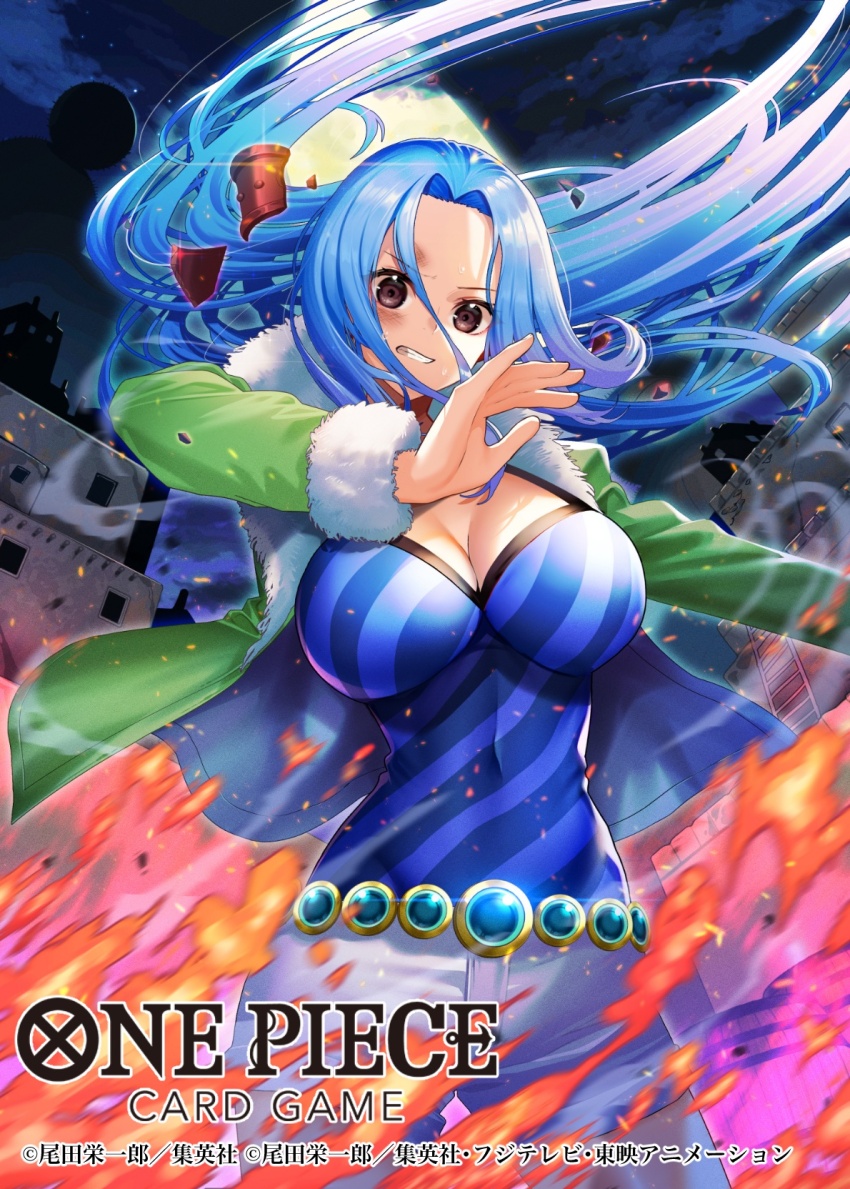 1girl bashikou belt breasts commentary_request copyright_name cowboy_shot fire floating_hair fur-trimmed_jacket fur_trim green_jacket highres jacket long_hair looking_at_viewer moon nefertari_vivi night night_sky official_art one_piece one_piece_card_game pants sky smoke solo sweatdrop white_pants