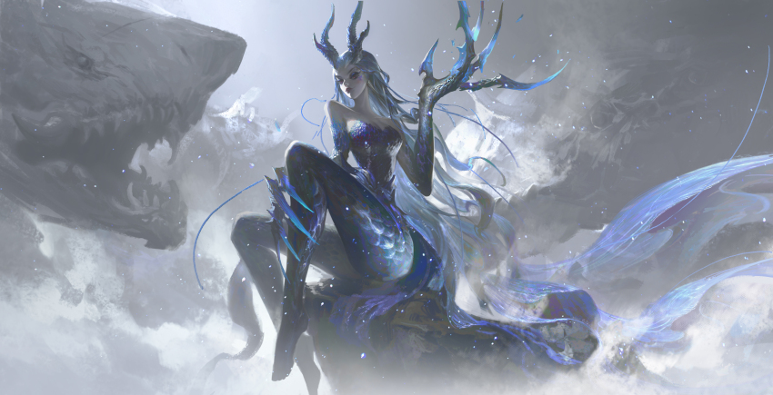 1girl absurdres ao_run_(nezha_zhi_motong_jiangshi) blue_hair blue_scales dragon_girl dragon_horns highres horns leo-dont-want-to-be-a-painter long_hair nezha_zhi_motong_jiangshi pointy_ears red_eyes sitting solo very_long_hair