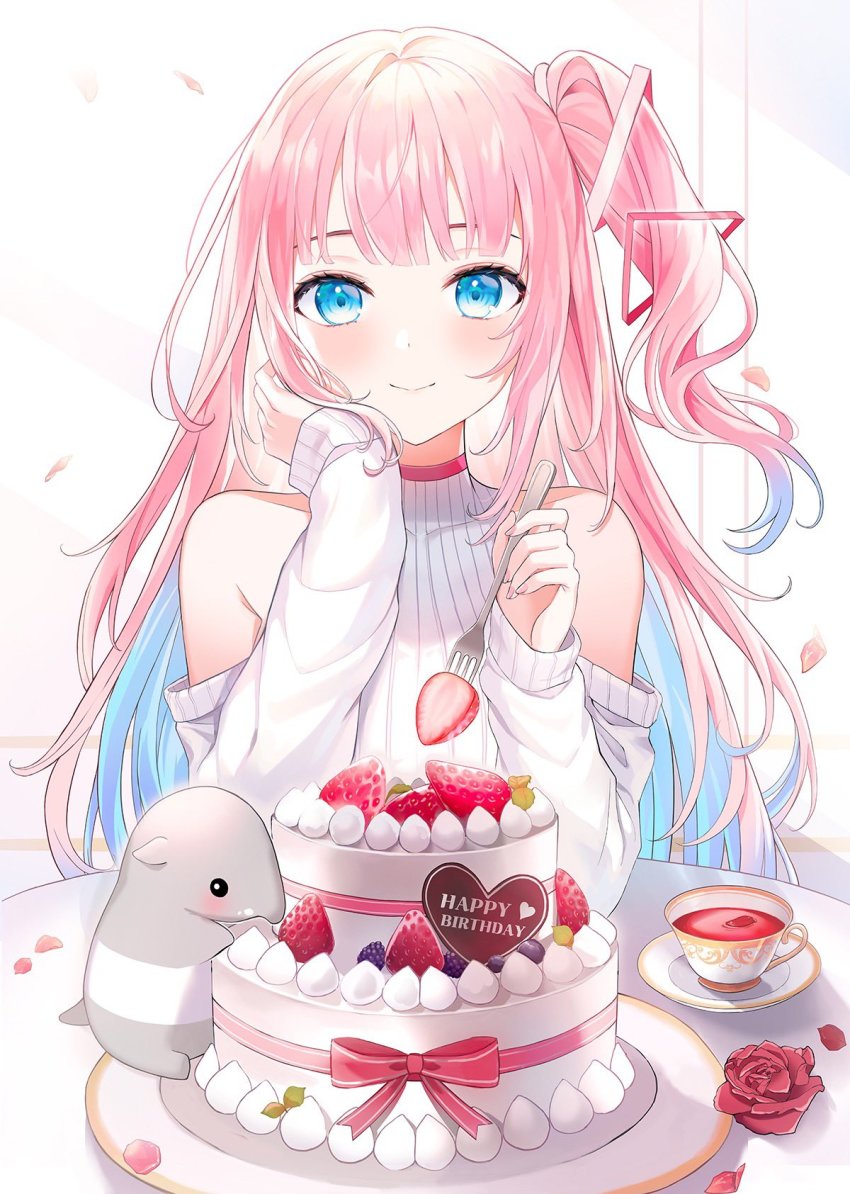 1girl anteater bare_shoulders blue_eyes blush cake closed_mouth cup flower food fork fruit hair_ribbon halterneck hand_on_own_cheek hand_on_own_face happy_birthday highres holding holding_fork long_hair long_sleeves looking_at_viewer off_shoulder petals pink_hair plate propro_production red_flower red_rose ribbon rose saucer side_ponytail smile solo strawberry sweater teacup virtual_youtuber yumesaki_mia yumesakimia