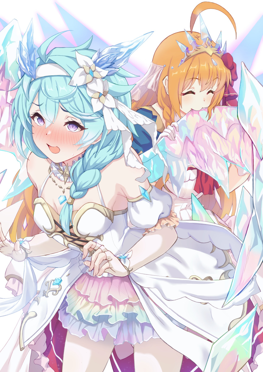 2girls absurdres ahoge ascot bare_shoulders blue_eyes blue_gemstone blue_hair blue_horns blue_sleeves blush braid breasts closed_eyes cross-laced_clothes crystal_horns crystal_tail crystal_wings dragon_wings dress fingerless_gloves flower gem gloves hair_flower hair_ornament hair_over_shoulder hairband highres horns jewelry large_breasts multiple_girls necklace open_mouth orange_hair pecorine_(princess_connect!) princess_connect! puffy_sleeves purple_eyes rabenga rainbow_skirt rainbow_wings red_ascot see-through_clothes see-through_skirt sheffy_(princess)_(princess_connect!) sheffy_(princess_connect!) single_braid skirt small_breasts tiara white_dress white_flower white_hairband white_sleeves wing_biting wings