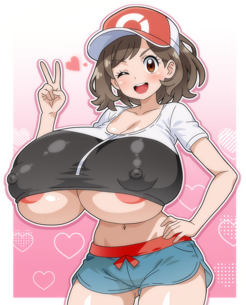 absurdres aqua_shorts areola_slip baseball_cap breasts elaine_(pokemon) gluteal_fold hat highres hitokiwa_kenchin huge_breasts nintendo no_bra poke_ball_theme pokemon pokemon_lgpe red_hat shorts