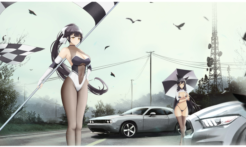 2girls absurdres animal_ears atago_(azur_lane) atago_(stunning_speedster)_(azur_lane) azur_lane bikini bird black_bikini black_hair breasts car checkered_flag cleavage crop_top cropped_jacket dodge_(company) dodge_challenger dodge_challenger_(3rd_generation) dog_ears dog_girl flag ford ford_mustang ford_mustang_s550 highres incredibly_absurdres kcar66t leotard long_hair motor_vehicle multiple_girls muscle_car official_alternate_costume pantyhose ponytail power_lines product_placement race_queen road swimsuit takao_(azur_lane) takao_(full_throttle_charmer)_(azur_lane) thighhighs tower umbrella utility_pole