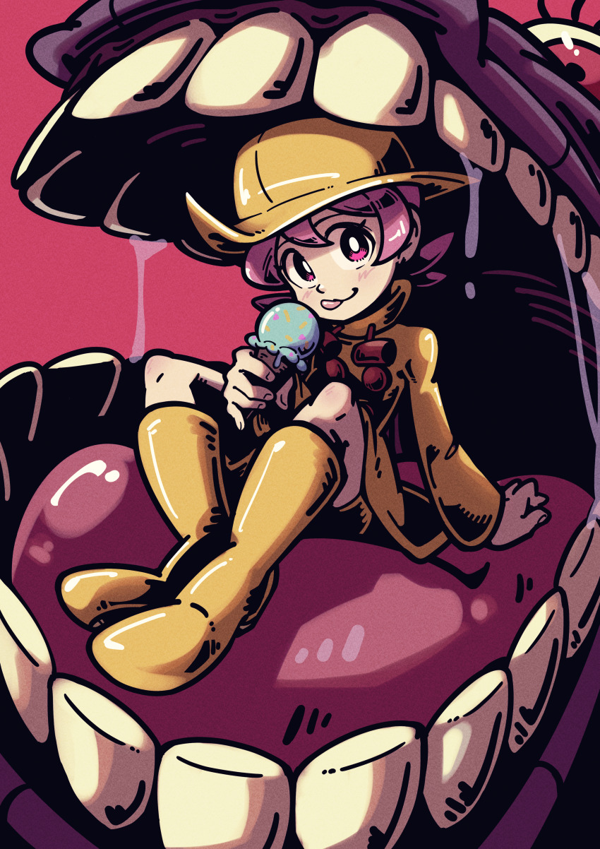 1girl absurdres blush boots bright_pupils buresu21 hat highres hungern_(skullgirls) ice_cream_cone licking_lips looking_at_viewer monster open_mouth pink_background raincoat saliva saliva_trail short_hair shorts skullgirls solo tongue tongue_out umbrella umbrella_(skullgirls) white_pupils