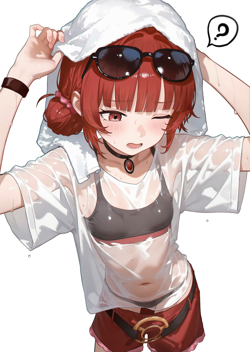 1girl ? absurdres bikini black_bikini clothes_pull commission double_bun eco_376124 eyewear_on_head hair_bun highres navel one_eye_closed open_mouth original pixiv_commission red_eyes red_hair red_shorts see-through_clothes see-through_shirt shirt short_hair short_shorts shorts shorts_pull simple_background solo speech_bubble spoken_question_mark sunglasses swimsuit towel towel_on_head wet wet_clothes wet_shirt white_background white_shirt