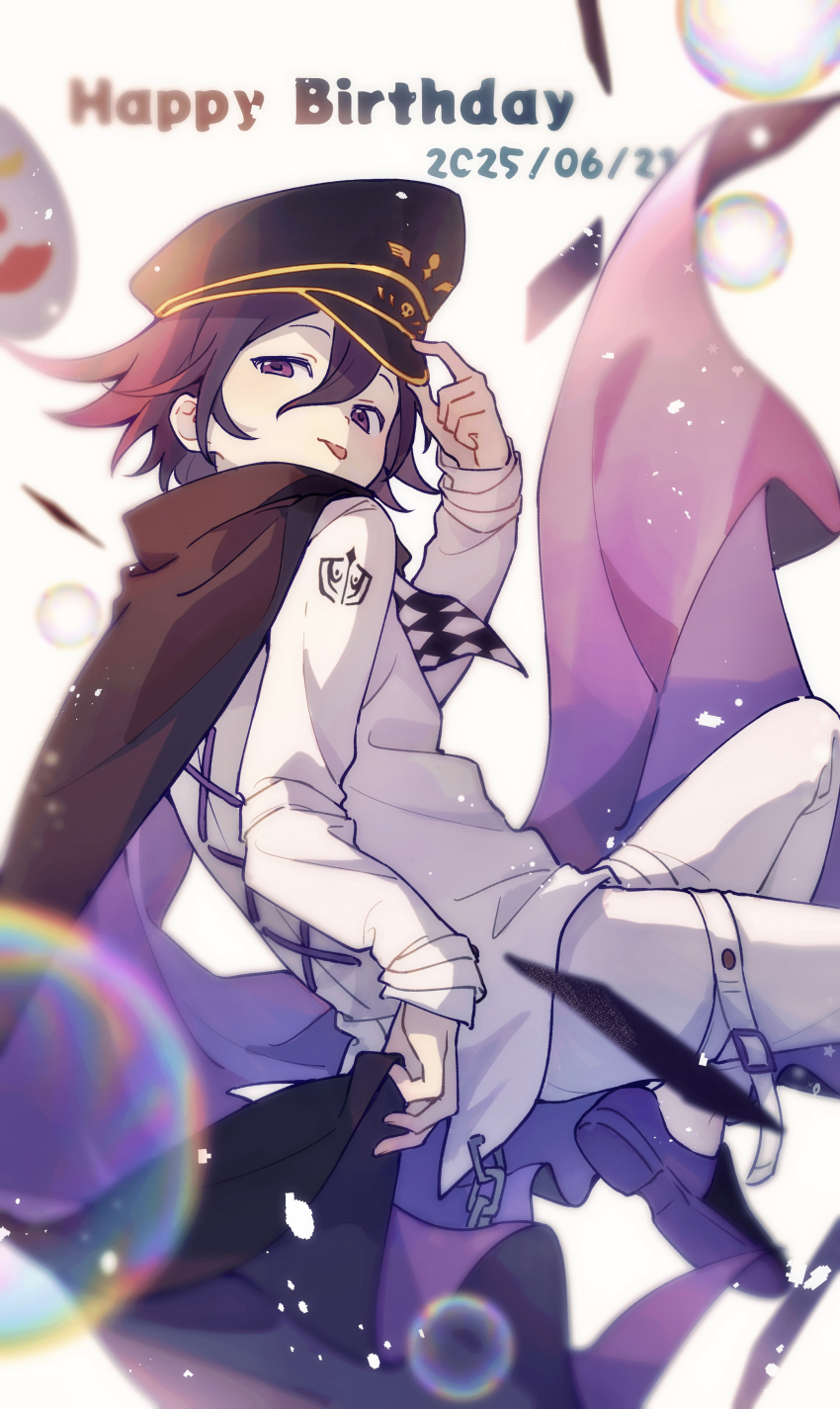 1boy 2025 absurdres adjusting_clothes adjusting_headwear arm_belt black_cape bubble cape checkered_clothes checkered_scarf clown_mask commentary danganronpa_(series) danganronpa_v3:_killing_harmony dated flipped_hair from_side hair_between_eyes happy_birthday hat highres kitano_yukiusagi long_sleeves looking_at_viewer male_focus mask oma_kokichi open_mouth pants peaked_cap purple_eyes purple_hair scarf short_hair simple_background solo thigh_strap tongue tongue_out two-tone_scarf unworn_mask