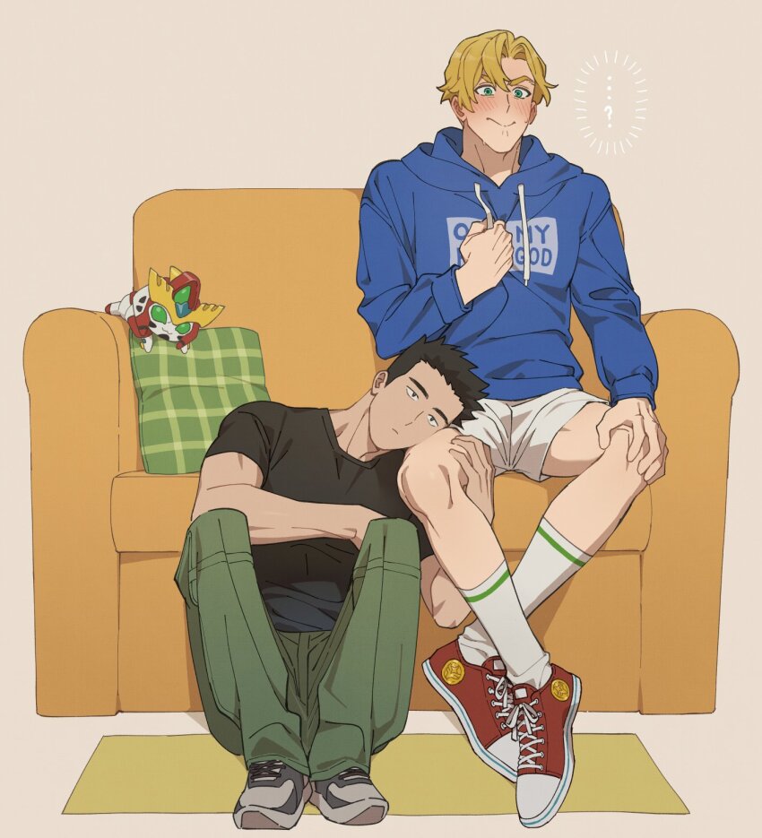 2boys ao_isami black_hair black_shirt blonde_hair blush bravern couch green_eyes hand_on_own_knee highres hood hood_down hoodie lewis_smith male_focus multiple_boys on_couch on_floor shirt shoes short_hair shorts simple_background sitting sneakers socks yaoi yuka113_u3u yuuki_bakuhatsu_bang_bravern