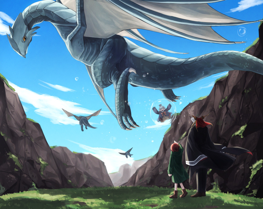 1boy 1girl absurdres animal_head animal_skull black_coat blue_sky brown_footwear coat day delfuze dragon elias_ainsworth flying hand_up hatori_chise highres horns long_sleeves mahou_tsukai_no_yome outdoors red_hair skull_head sky