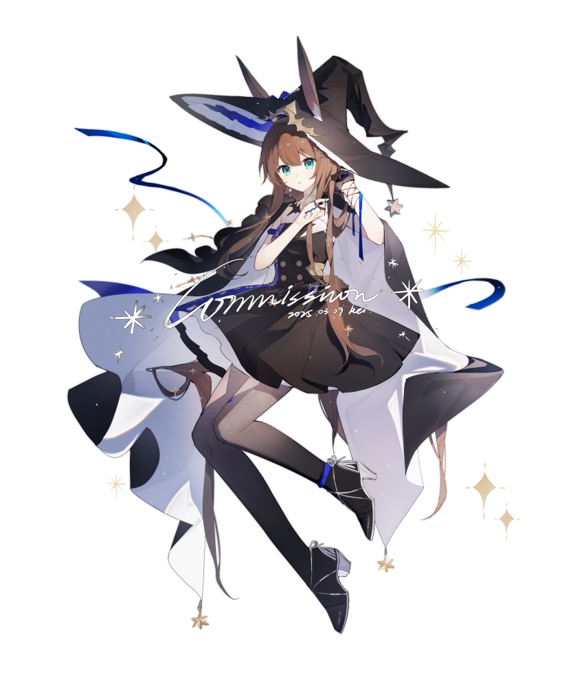 1girl :o absurdres amiya_(arknights) amiya_(medic)_(arknights) amiya_(medic)_(solo_around_the_world)_(arknights) arknights black_cape black_dress black_hat black_shoes black_thighhighs blue_eyes blue_ribbon brown_hair cape chinese_commentary commentary_request commission dated dress ears_through_headwear full_body hat highres laoxi_(kei) long_hair looking_at_viewer ribbon shoes simple_background sleeveless sleeveless_dress solo sparkle thighhighs very_long_hair white_background witch_hat