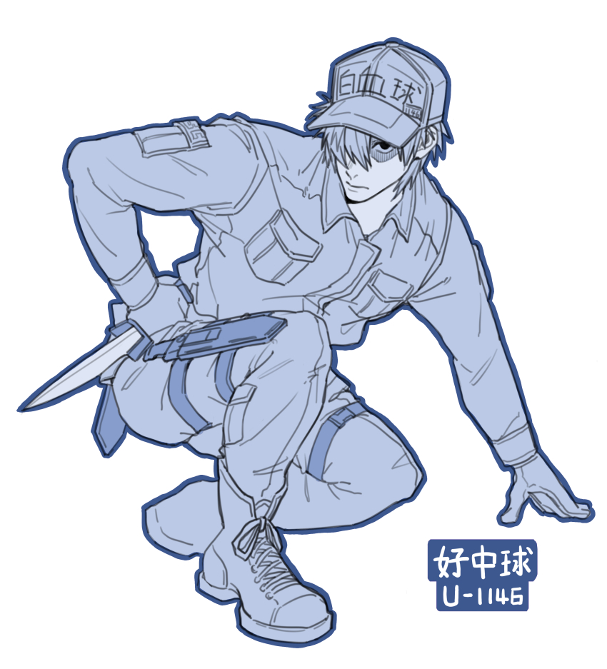 1boy absurdres baseball_cap boots breast_pocket closed_mouth collared_shirt combat_knife commentary_request frown gloves hair_over_one_eye hat hataraku_saibou highres holding holding_knife knife long_sleeves looking_at_viewer male_focus monochrome pants pocket rougui_(he_fengyu) shirt short_hair simple_background solo u-1146 weapon white_background white_blood_cell_(hataraku_saibou) white_hair white_hat white_shirt