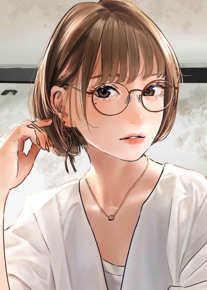 1girl brown_eyes brown_hair collarbone glasses hand_up highres jewelry lips lipstick looking_at_viewer makeup mole mole_under_eye nail_polish necklace original parted_lips round_eyewear saitou_(lynx-shrike) shirt short_hair short_sleeves solo white_shirt
