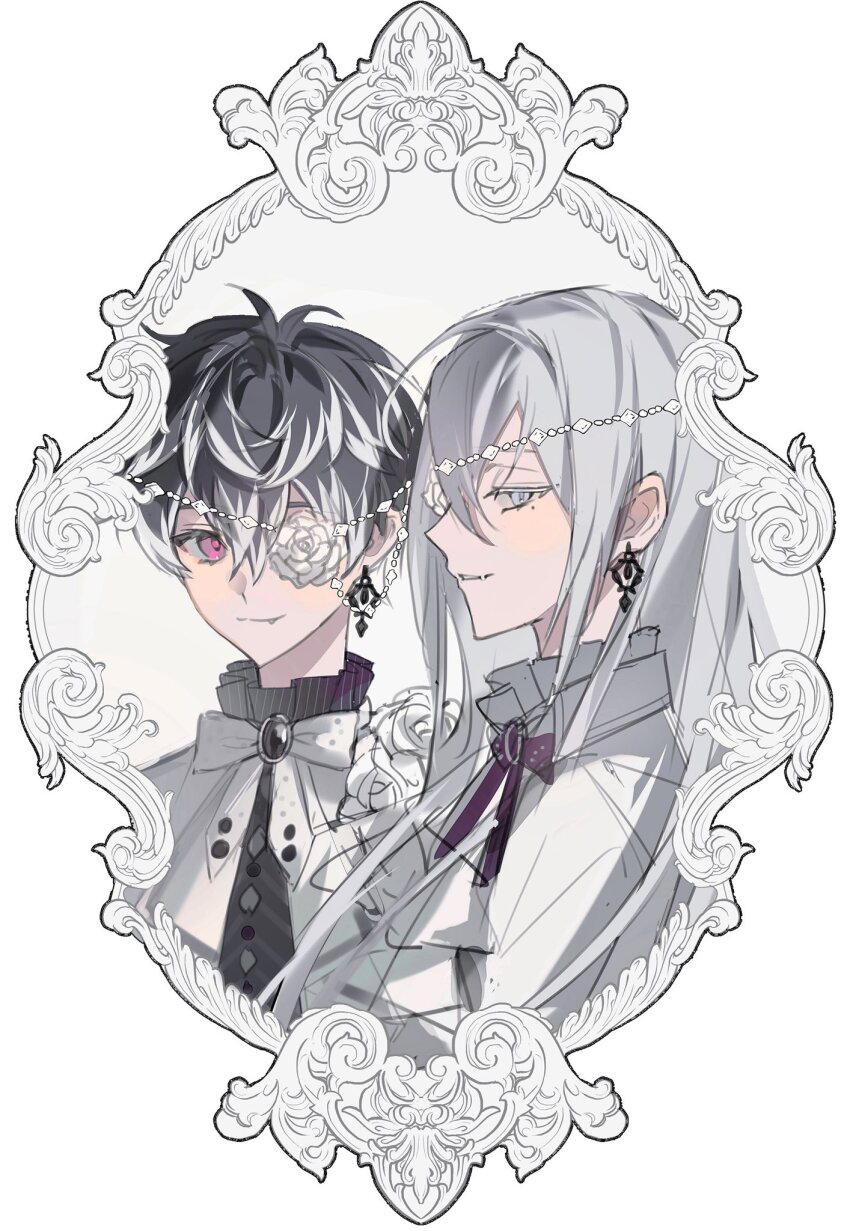 2boys black_hair black_shirt earrings eyepatch flower flower_over_eye from_side grey_eyes grey_hair hair_between_eyes highres jacket jewelry long_hair looking_at_viewer male_focus minirai0707 multicolored_hair multiple_boys one_eye_covered original pink_eyes purple_eyes ribbon rose shirt short_hair smile upper_body white_background white_flower white_rose white_shirt