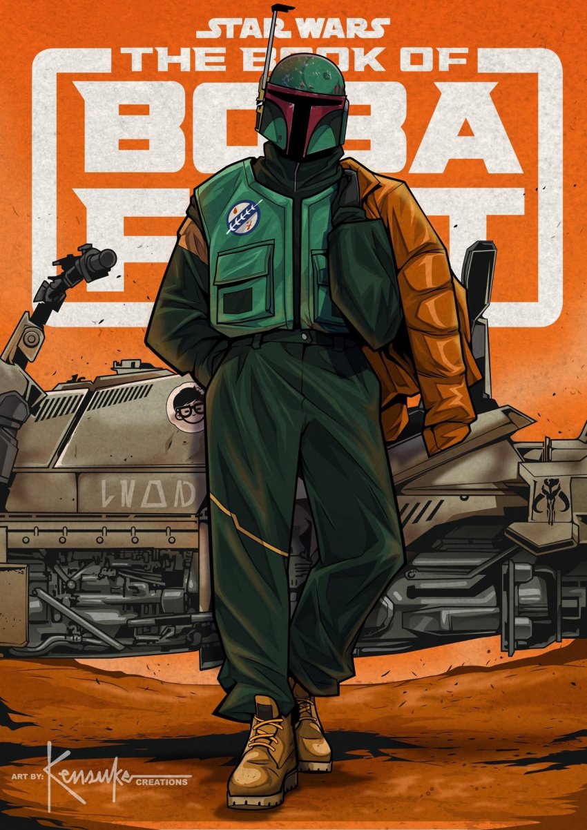 1boy alternate_costume artist_name assault_visor boba_fett boots brown_boots copyright_name green_pants green_vest head_tilt helmet highres jacket kensuke_creations male_focus mandalorian off_shoulder orange_jacket pants solo speeder_bike star_wars streetwear the_book_of_boba_fett timberland vest walking watermark