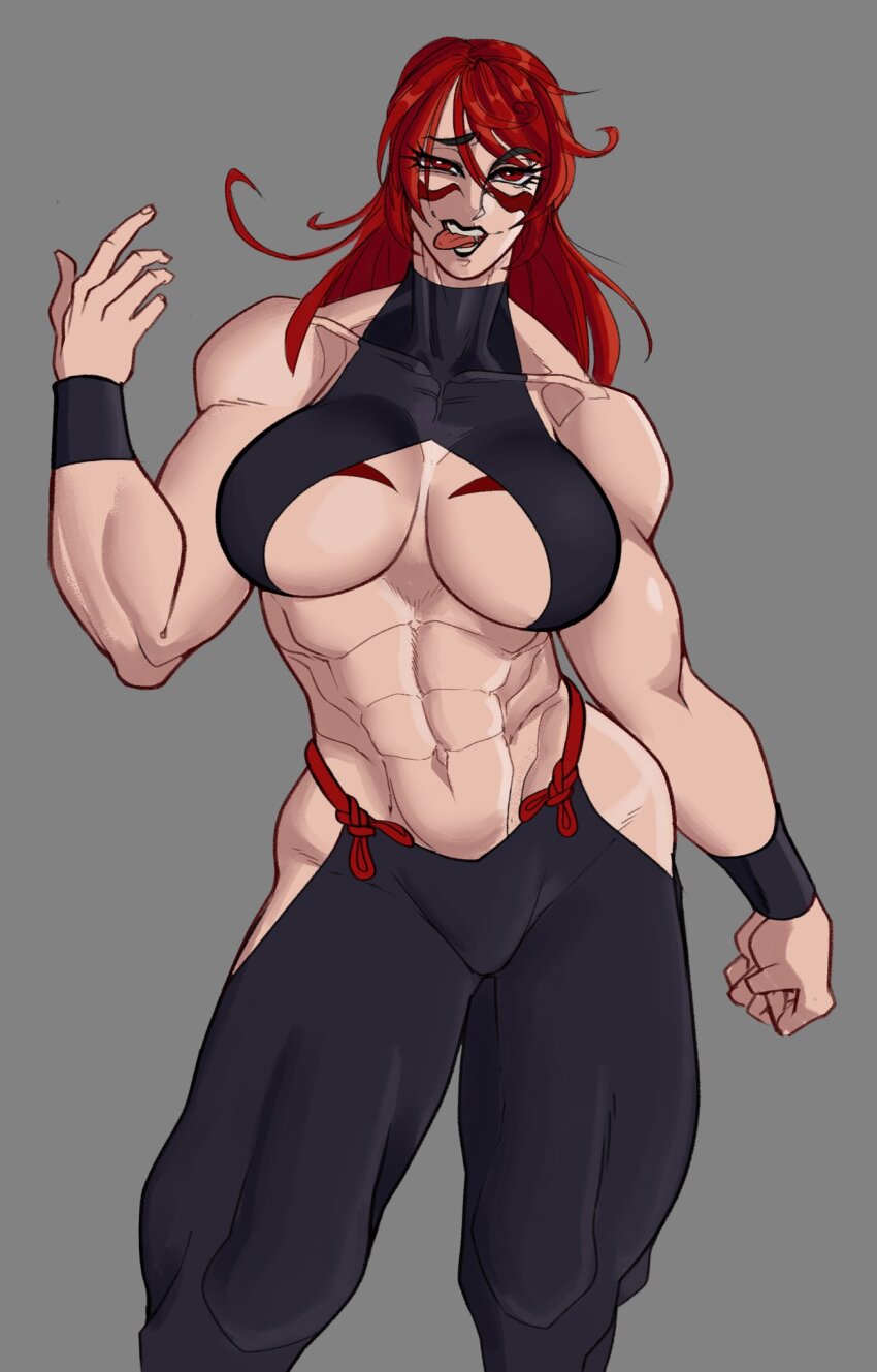 1girl abs beckoning biceps black_lips body_markings breasts commentary contrapposto cowboy_shot desn english_commentary facepaint female_focus fuuma_kotarou_(tenkaichi) grin hair_between_eyes highres large_breasts legs_together long_hair looking_at_viewer looking_down muscular muscular_female navel pants red_eyes rope simple_background smile solo spot_color standing stomach tenkaichi_nihon_saikyou_bugeisha_ketteisen tongue tongue_out unfinished very_long_hair