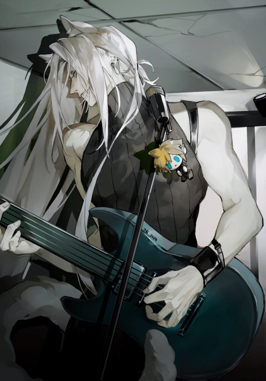 1boy alternate_universe animal_ears black_pants blonde_hair blue_eyes cat_boy cat_ears cat_tail chain chain_earrings character_doll chinese_commentary cloud_strife commentary cracked_ceiling doll drop_shadow ear_piercing earrings electric_guitar facing_to_the_side final_fantasy final_fantasy_vii green_eyes grey_hair guitar hands_up highres holding holding_guitar holding_instrument indoors instrument jewelry kemonomimi_mode long_hair looking_back male_focus microphone microphone_stand night pants piercing ryona_kuma sephiroth short_hair shoulder_strap sleeveless sleeveless_sweater sleeveless_turtleneck smile solid_circle_eyes solo_focus stud_earrings sweater tail turtleneck turtleneck_sweater upper_body very_long_hair