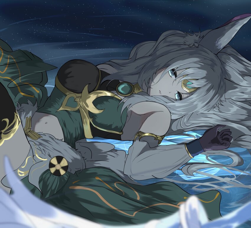 1girl animal_ear_fluff animal_ears apollousa_bow_of_the_goddess aqua_eyes black_gloves breasts duel_monster elbow_gloves gloves green_eyes highres large_breasts long_hair lying midriff navel on_back solo thighhighs uragawai very_long_hair white_hair yu-gi-oh!