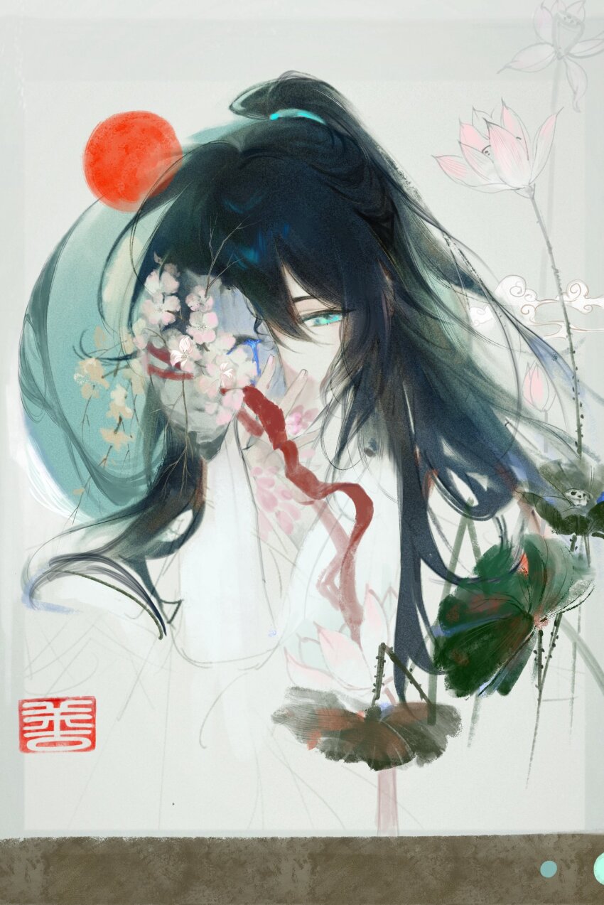 1boy aqua_eyes black_hair flower half_updo highres holding holding_mask hong_lu_(project_moon) limbus_company long_hair lotus lotus_leaf mask peach_blossom pink_flower project_moon red_ribbon red_sun ribbon sidelocks simple_background solo taoer. very_long_hair white_background