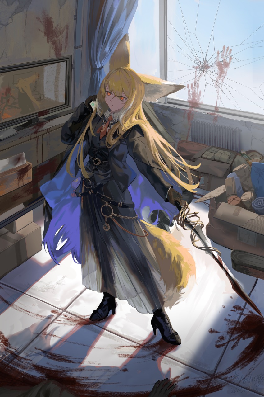 1girl absurdres allieali animal_ears arknights black_jacket black_pants black_shoes blonde_hair blood blood_on_face blood_splatter bloody_weapon box broken_glass brown_gloves cardboard_box chinese_commentary commentary_request crack curtains day death full_body glass gloves high_heels highres holding holding_sword holding_weapon indoors jacket long_hair long_sleeves necktie orange_eyes orange_necktie pants radiator shoes solo_focus standing sunlight sword tail vulpisfoglia_(arknights) weapon white_tail window yellow_tail